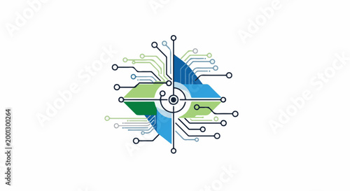 Abstract technological design with blue and green geometric shapes and circuit-like lines