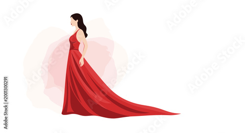 Elegant woman wearing a long flowing red gown poses against a soft artistic background in a concept of high fashion and beauty.