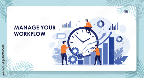 Manage Your Workflow website banner features miniature characters working around a giant clock and bar charts to improve productivity.