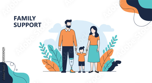 Family Support illustration shows a happy young family standing together where the father is wearing a prosthetic leg for mobility.