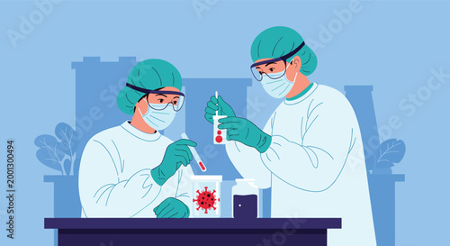 Medical researchers wearing protective suits and masks work in a laboratory to analyze virus samples and develop new treatments.