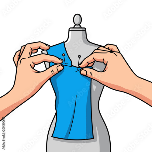 A person is sewing a blue shirt on a mannequin with two hands.