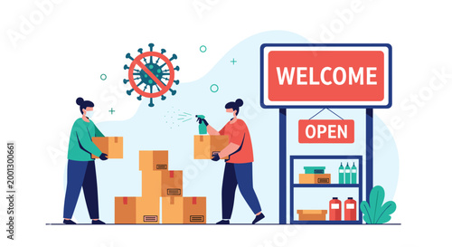 Workers clean and prepare a store for reopening by sanitizing packages and organizing shelves under a Welcome Open sign.