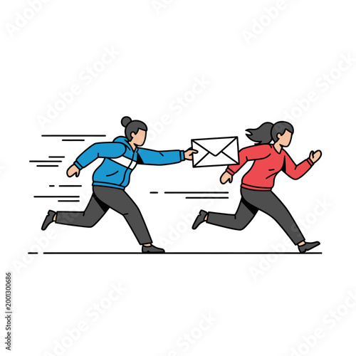 Two runners pass an envelope in a fast motion outdoors quickly