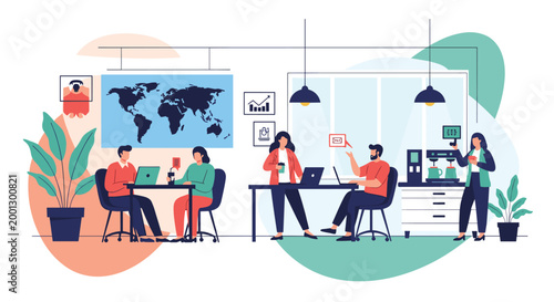 People collaborate and work in a modern coworking space with coffee, laptops, and a world map on the wall representing global reach.