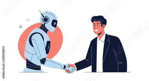 Human and robot shake hands in a symbolic gesture representing the successful integration of artificial intelligence and human labor.