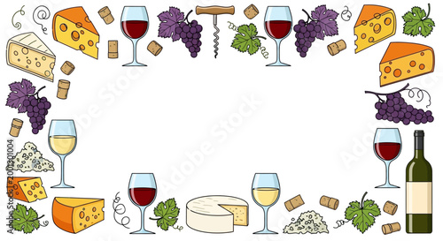 A festive arrangement of wine glasses, cheese, grapes, and crackers on a table indoors.