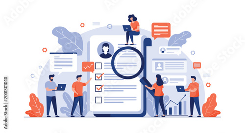 Team of recruitment specialists analyzes a giant resume document with a magnifying glass for candidate selection and hiring.