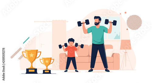 Dedicated father and young son train together with dumbbells at home near golden trophies to promote a healthy active lifestyle.