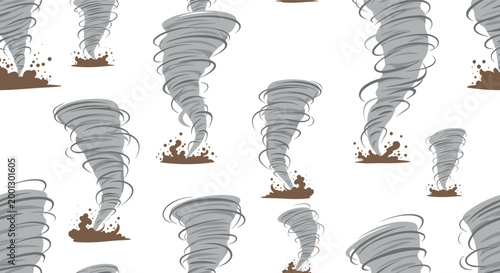 Seamless pattern design features numerous swirling tornadoes touching down on the ground to represent extreme weather events.