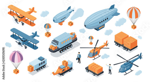 Isometric set of various transport vehicles including airplanes, helicopters, blimps, and trucks for logistics and cargo delivery.