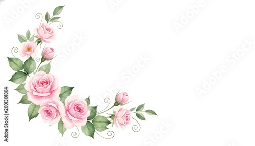 A delicate watercolor painting of a flowers and foliage on a white background. Romantic Watercolor Floral Design