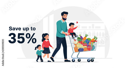 Happy father with three children pushes a shopping cart full of fresh vegetables and groceries in a supermarket with a discount offer.