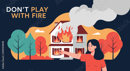 Dramatic illustration shows a house on fire with a worried woman pointing at the flames to emphasize fire safety and prevention.