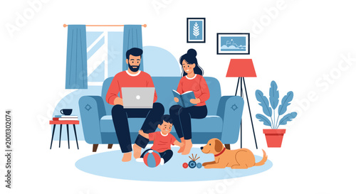 Happy family relaxes in their cozy living room with a father on a laptop, a mother reading, and a child playing with a dog.
