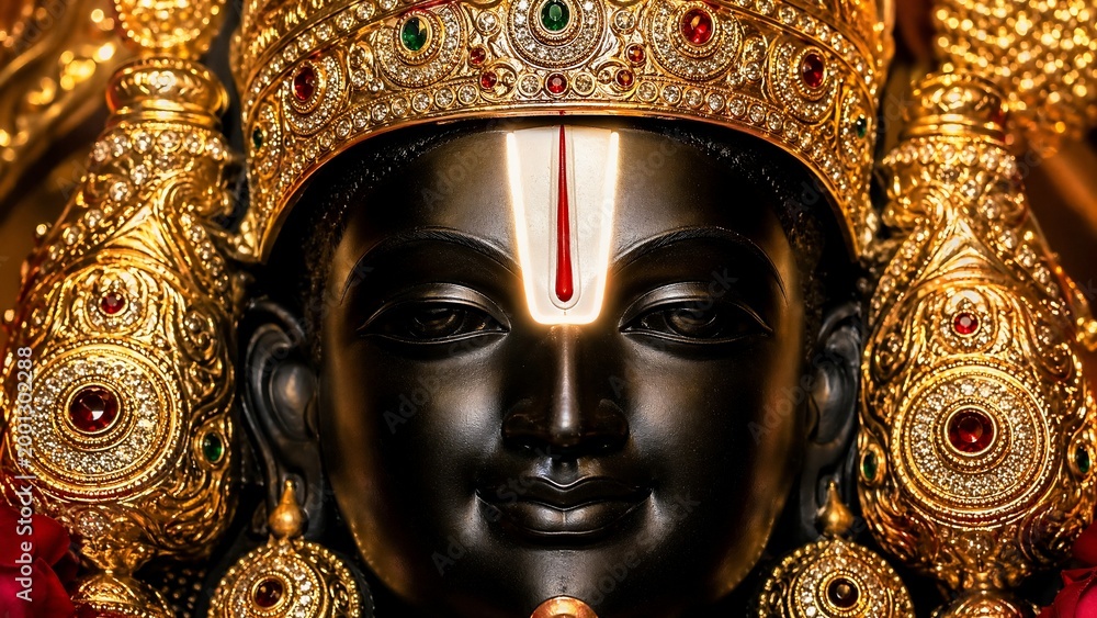 Obraz premium Lord Murugan Hindu Deity Statue with Golden Crown and Sacred Tilak Closeup