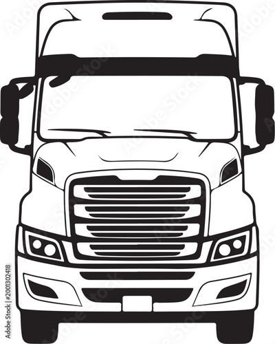 Semi Truck, Truck Front View, Vector Semi-Truck, Black and White Illustration