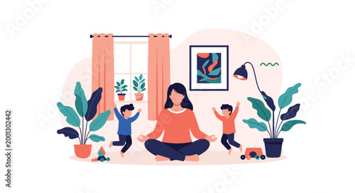 Calm woman meditating in lotus position while her children jump and play energetically in a cozy living room at home.