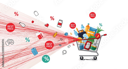 Supermarket items flying into a shopping cart with price reduction symbols and best price labels for a massive sale event.
