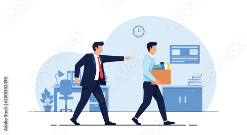Angry manager pointing his finger at a fired employee who is walking away while carrying a cardboard box of personal items.
