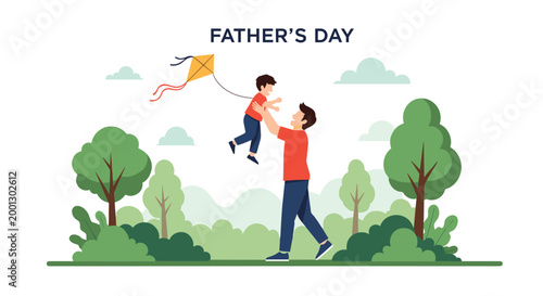 Happy father lifting his young son into the air while they fly a yellow kite together in a beautiful green park for Father's Day.