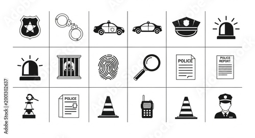 Collection of police and law enforcement icons and symbols.