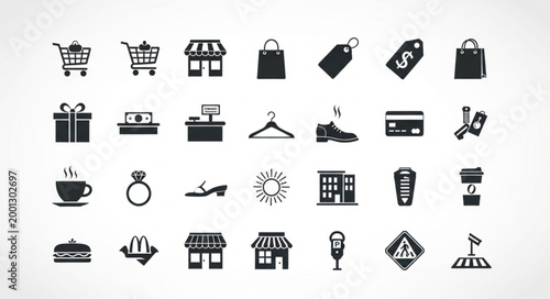 Collection of Shopping and Retail Icons on White Background.