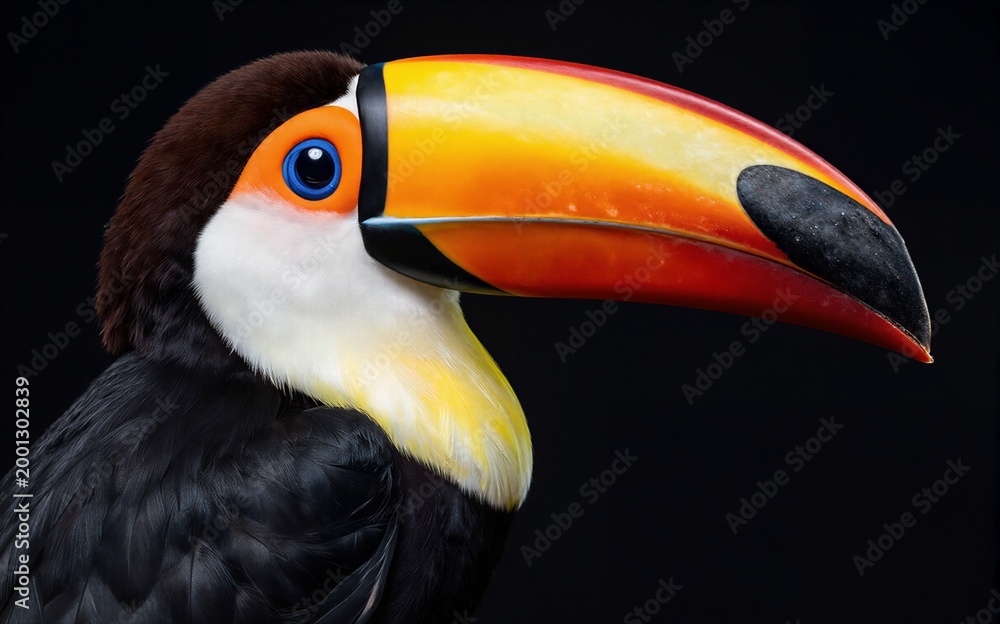 Obraz premium Vibrant toucan with colorful beak and striking blue eye against dark