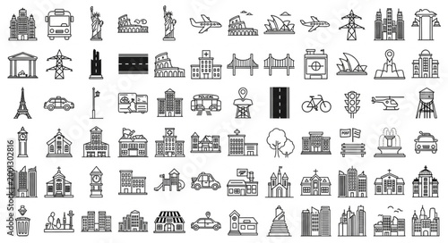 Collection of Black and White Building Icons and Symbols.