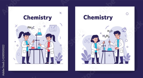 Two scenes of young students in lab coats conducting chemistry experiments with flasks and test tubes in a classroom setting.
