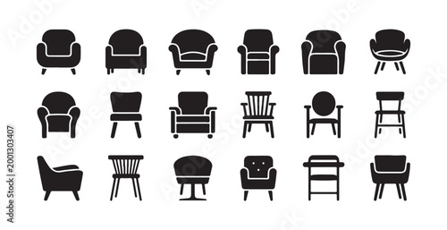 Collection of Black Armchair and Chair Silhouettes Isolated on White Background