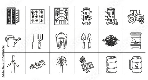 Collection of Farm and Garden Icons in Sketch Style.
