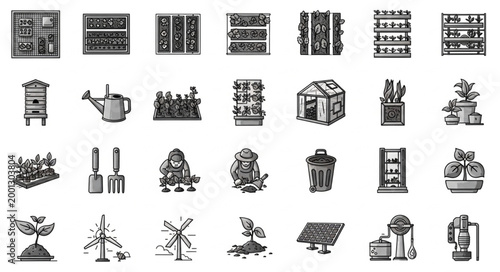 Collection of Hand Drawn Garden and Farming Icons.