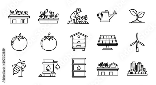 Collection of Hand Drawn Icons Representing Agriculture and Sustainability.
