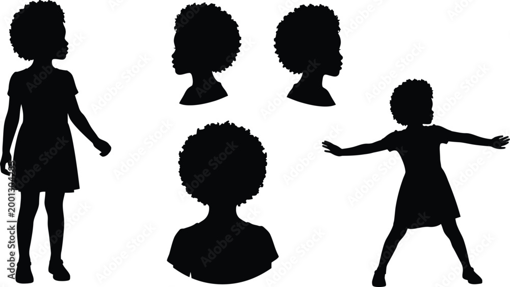 Fototapeta premium Set of black silhouettes of young girl with afro hairstyle poses