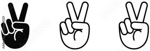 Peace sign hand gesture icon variations, victory symbol for success, protest vector illustration