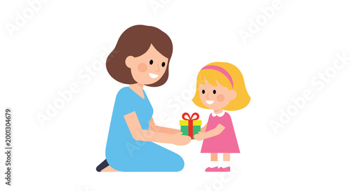 A kneeling mother figure in a light blue dress offers a small colorful gift box to a smiling young blonde girl dressed in pink on a plain white background.