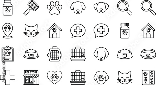 Pet care and veterinary icons collection with animals clinic services grooming accessories and healthcare symbols representing animal welfare concept