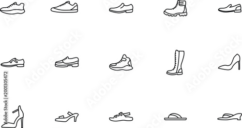 Set of shoes icon in outline style. Type of shoes and sandals icon set.