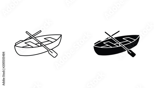 Simple rowing boat with oars isolated on white background minimalist vector illustration line art and solid silhouette icons