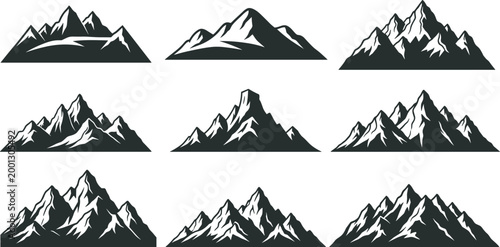 Collection of black mountain silhouettes and rocky peak vector illustrations featuring diverse alpine ridge designs for outdoor adventure travel and wilderness nature landscape concepts