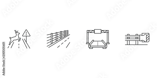 Tableau sur toile Traffic icon set featuring deer crossing warning fence barrier highway traffic light gantry and road safety guardrail vector illustration for transportation