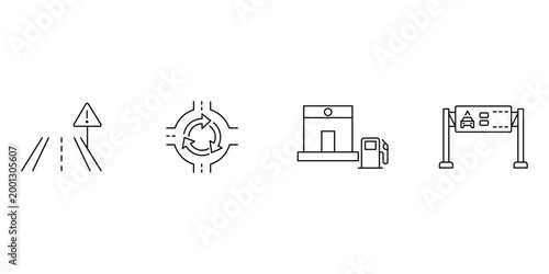 Traffic icon set featuring road warning sign roundabout junction gas station and overhead digital highway information board vector illustration for transportation.