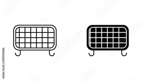 Grid fence barrier icon set in outline and solid black styles for construction and security safety concepts