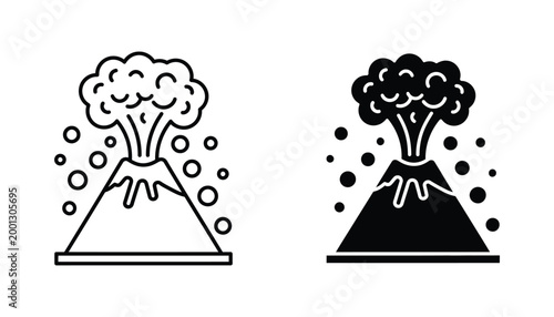 Volcano erupting with smoke and lava rocks icon set in outline and solid black styles for nature and science themes