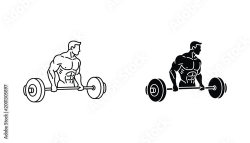 Muscular man lifting heavy barbell in line drawing and black silhouette illustration for fitness and weightlifting vector art