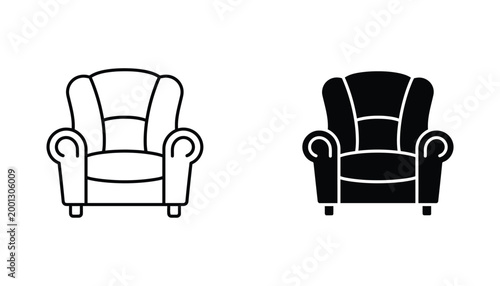 Comfortable armchair furniture icon set presented in clean line art and solid black silhouette for interior design and home staging apps on a plain white background