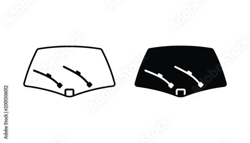 Vehicle windshield with dual wiper blades displayed as a technical line art and solid black silhouette icon set for automotive maintenance and car parts e-commerce branding