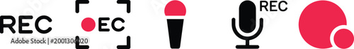 Set of recording and microphone icons with red record button for podcasting video production live streaming and audio broadcasting projects
