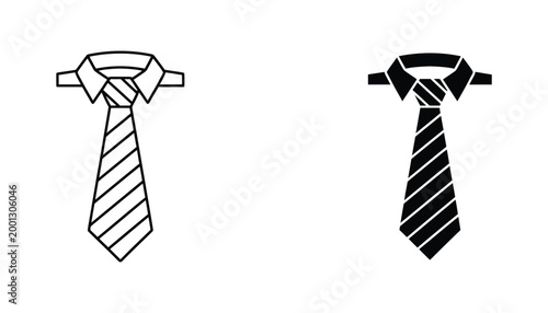 Formal business necktie icon set featuring a striped pattern in line art and solid black silhouette for corporate identity and professional dress code graphic design